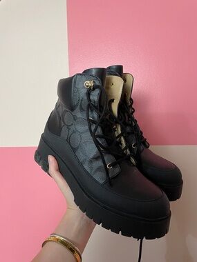 Coach Black Platform Lace-Up Ankle Boots with Signature Jacquard